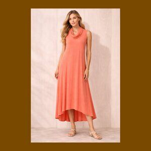 Soft Surroundings Coral Midi Dress 1X Sleeveless Cowl Neck Hi-Low Hem Flowy